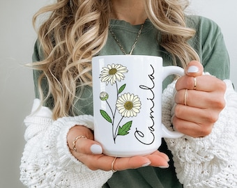 Taza con nombre de abril, taza personalizada con flor de nacimiento, taza floral para hermana, regalo para mamá, regalo para hija, regalo para mejor amiga