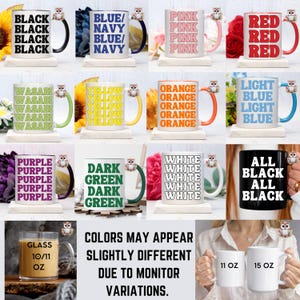 May include: Collection of ceramic mugs in various colors, each with a different color name printed vertically. The mugs have colored handles and owl-shaped charms. Sizes include 11 oz and 15 oz. Text on the image states "Colors may appear slightly different due to monitor variations."
