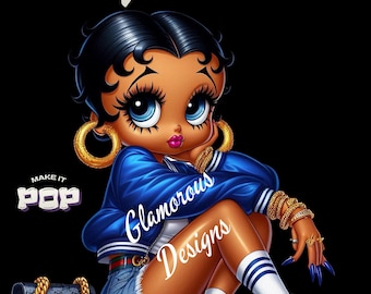 May include: Illustration of Betty Boop in a blue jacket, denim shorts, and sneakers. She is wearing gold jewelry and has blue nail polish. The image includes the text "Betty Boop", "Make it Pop", and "Glamorous Designs".