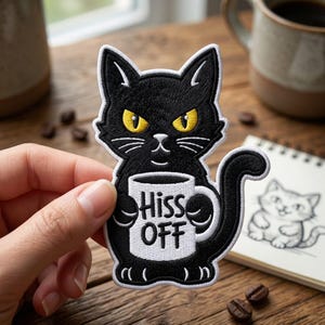May include: Embroidered patch featuring a black cat with yellow eyes holding a white mug with the words "Hiss OFF". The cat has a stern expression. The patch is on a wooden surface with coffee beans and a coffee cup.