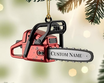 Personalized Chainsaw Christmas Ornament, Custom Name Tool Design, Unique Gift for Lumberjacks Woodworkers and Outdoor Enthusiasts