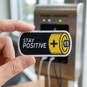 May include: A black and yellow embroidered patch with the words "STAY POSITIVE" and a battery graphic. The patch is held in front of a phone charging station.