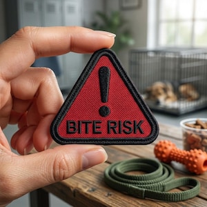 May include: A red triangular patch with black trim and the words "BITE RISK" in black. The patch is held up, with a dog leash, toy, and dog crate in the background. The patch features a black exclamation point.
