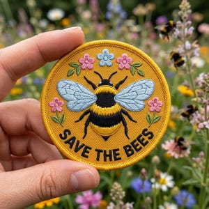 May include: A round, yellow embroidered patch featuring a detailed bee with blue wings, surrounded by pink and blue flowers. The text "SAVE THE BEES" is arched along the bottom edge. The patch is held up in front of a blurred background of flowers.