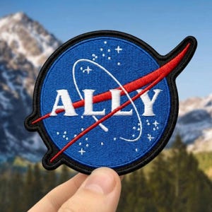 May include: A circular patch with a blue background, black border, and the word "ALLY" in white. A red streak crosses the center, with a white curved line and stars. The patch is likely an emblem or logo.