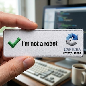 May include: Embroidered rectangular patch with the text "I'm not a robot" and a green checkmark. The patch also features a CAPTCHA logo with the words "Privacy - Terms". The patch is held in a person's hand.