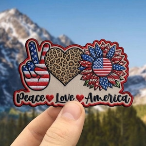 Peace Love America Patch, US Flag Patriotic Sunflower Iron On, Leopard Print Heart Embroidered Badge, 4th of July Gift, USA Pride Applique