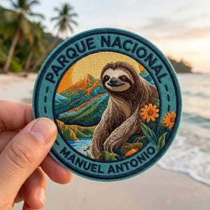 May include: Round patch with a sloth illustration, surrounded by the text "Parque Nacional Manuel Antonio." The patch features a sloth, mountains, and flowers in shades of brown, green, orange, and blue. The background shows a beach and palm trees.
