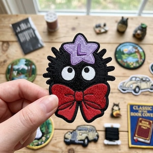 Cute Soot Sprite Embroidered Patch Anime Susuwatari Badge with Red Bow Purple Star Iron On Sew On Patches for Jackets Backpacks
