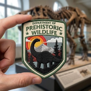 May include: A shield-shaped embroidered patch featuring a black long-necked dinosaur silhouette against a landscape of mountains, pine trees, and a sunset. The text reads DEPARTMENT OF PREHISTORIC WILDLIFE with two stars on a cream background.
