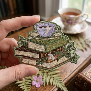 Vintage Teacup and Stack of Books Embroidered Patch Aesthetic Cottagecore Floral Iron On Badge for Bookworms and Tea Lovers