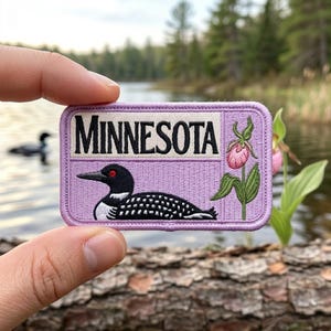 Minnesota Embroidered Patch Vintage Loon and Lady Slipper Flower Souvenir Iron On Travel Badge Purple Style