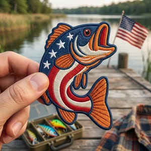 May include: Embroidered patch in the shape of a fish, featuring the American flag design. The fish has a blue head with white stars, red and white stripes on the body, and orange fins. A small American flag waves in the background.