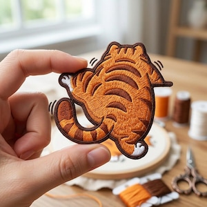 May include: Embroidered patch featuring a cartoon tiger in shades of orange and brown. The tiger is depicted from the rear, with its tail curled and paws visible. The patch has a detailed, textured appearance, suitable for application on clothing or accessories.