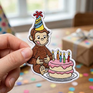 Cute Monkey Birthday Cake Embroidered Patch Iron On Sew On Badge Happy Birthday Party Cute Animal Applique Jacket Decor Craft Supply