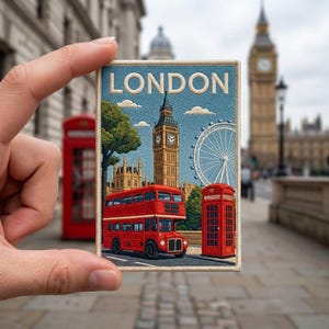 May include: A rectangular embroidered patch featuring the word LONDON in white text. The design depicts a red double-decker bus, a red telephone booth, the Big Ben clock tower, and the London Eye Ferris wheel against a light blue sky.