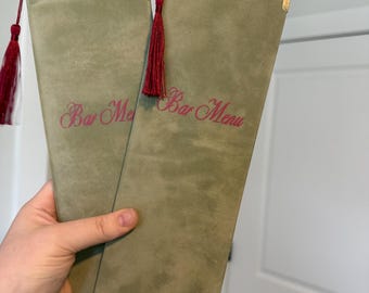 Custom Suede Wedding Bar Menu, Personalized Logo Bifold Drink Menu- Tassel can be added