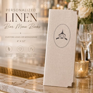 May include: A tall, rectangular menu book covered in beige linen fabric with metallic corner protectors. The front features a centered oval emblem containing a black line drawing of a gazebo. The text reads Personalized Linen Bar Menu Books, Custom Logo or Monogram, 4" x 12".