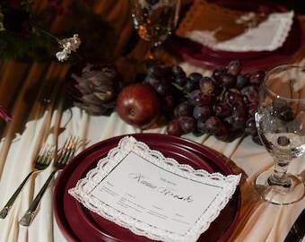 Luxury Lace Edge Wedding Menu • Heirloom-Style Menu Card • Vintage-Inspired Reception Stationery • Bridal Table Decor
