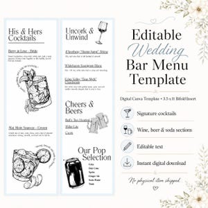May include: An editable wedding bar menu template featuring two vertical columns with cocktail, wine, beer, and soda lists. The design includes black line-art illustrations of drinks, floral accents, and text detailing a 3.5 x 11 bifold insert format.