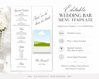Plantilla editable para menú de bar de boda, inserto de menú plegable de 3.5x11 pulgadas para Canva, cócteles de autor, vino, cerveza, licores, menú de bebidas con foto.