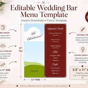 May include: An editable wedding bar menu template measuring 3.5 inches by 11 inches. The design features a two-panel layout with a blue sky and green hills on the left and a dark red section on the right listing signature drinks, wine, and drafts.
