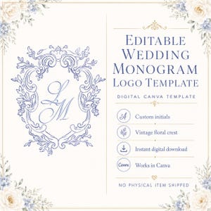 Modèle de logo modifiable pour bar de mariage, monogramme floral vintage, logo Canva personnalisé avec initiales, design élégant pour livret de menu
