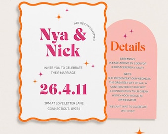 Retro Wedding Invitation Suite | Pink & Orange Canva Template