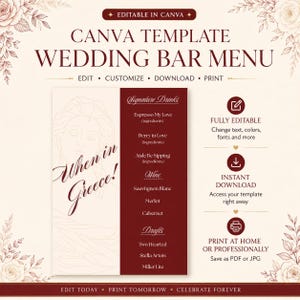 May include: An editable wedding bar menu template featuring a cream background with dark red text and floral accents. The design includes a line drawing of a face, the phrase When in Greece!, and sections for signature drinks, wine, and draft beers.