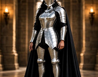 May include: A full suit of polished silver-toned metal plate armor featuring a closed helmet with a horizontal visor, articulated shoulder pauldrons, gauntlets, and greaves, worn over a black garment with a long, flowing black cape attached.