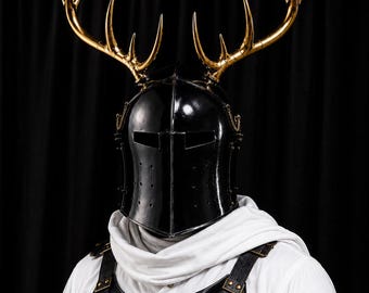 Medieval Antler Barbuta Helmet, Fantasy Cosplay Helmet, Wearable LARP Halloween Costume Gift