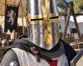 Wearable Knight Templar Helmet, Gold Cross Crusader Steel Helm, Medieval LARP Armor, Halloween Costume
