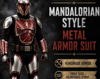 May include: A Mandalorian style metal armor suit featuring a helmet, chest plate, gauntlets, and leg guards in silver and distressed red. Text reads: MANDALORIAN STYLE METAL ARMOR SUIT, HANDMADE ARMOR, and FREE SIZE ADJUSTABLE STRAP.