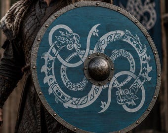 Viking Round Shield, Norse Jormungandr Design, LARP Costume Prop, Medieval Wall Decor