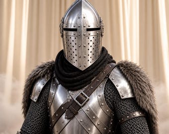 May include: A suit of polished steel plate armor featuring a pointed helmet with a perforated visor, a black fabric neck covering, chainmail sleeves, and a brown leather strap across the chest. A thick, textured faux fur mantle rests on the shoulders.