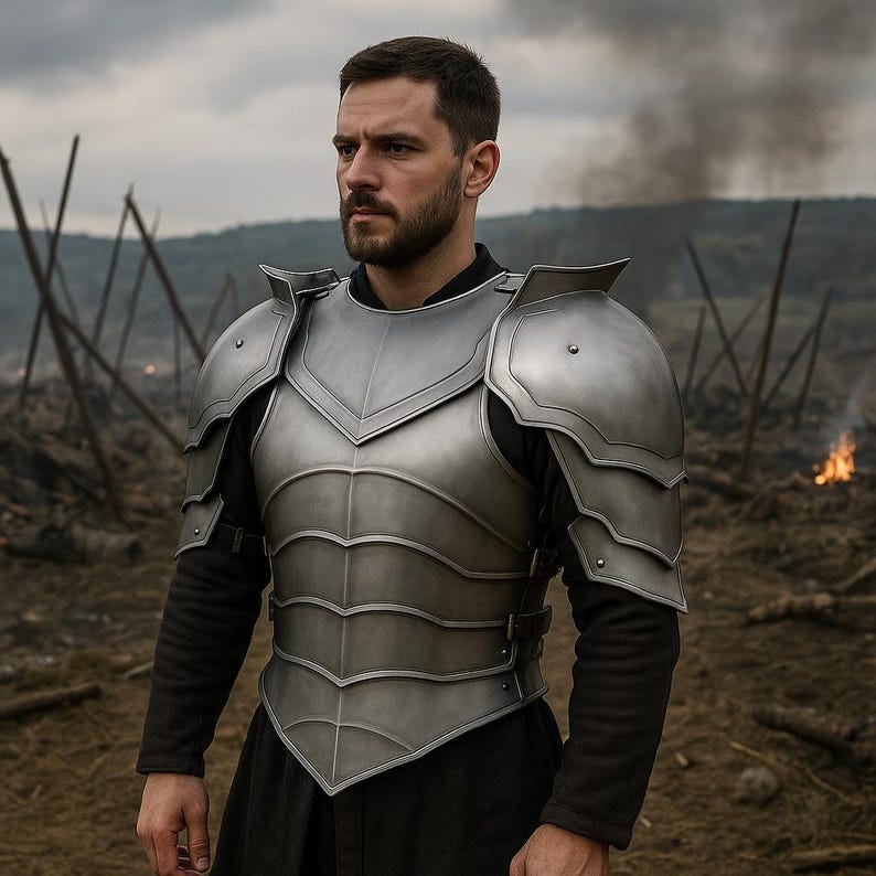 May include: A person wearing silver metal armor with shoulder guards and a chest plate. The armor is worn over a black long-sleeved shirt. The background shows a field with fire and wooden stakes.