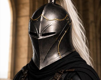 Medieval Knight Helmet | Handmade Black & Gold Gothic Helmet | Steel Crusader, LARP Cosplay Wearable Armor