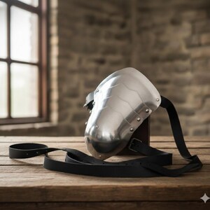 May include: A polished steel shoulder armor piece with riveted plates and a curved design. It features black leather straps for attachment. The armor is displayed on a wooden surface, suggesting historical or fantasy themes.