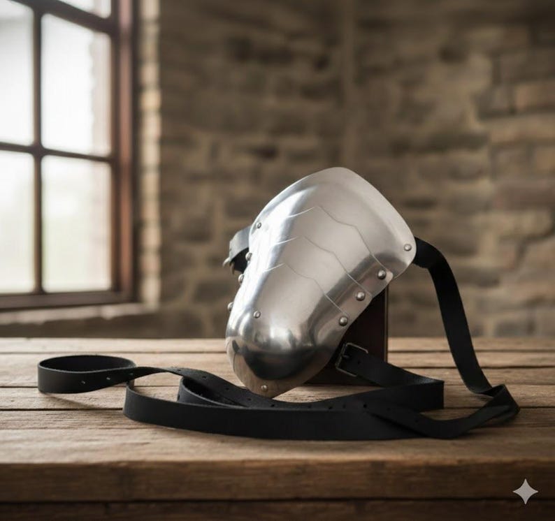 May include: A polished steel shoulder armor piece with riveted plates and a curved design. It features black leather straps for attachment. The armor is displayed on a wooden surface, suggesting historical or fantasy themes.