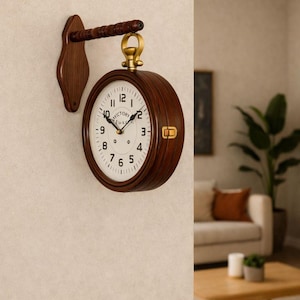 May include: A double-sided wall clock with a dark brown wooden frame and a white clock face. The clock has gold-coloured accents and is mounted on a wooden bracket. The clock face displays the text "VICTORY" and the time.