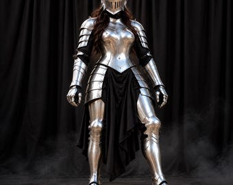 May include: A full suit of polished silver-colored metal plate armor featuring a closed visor helmet, articulated shoulder, arm, and leg pieces, and metal gauntlets. A black fabric garment is worn underneath the armor, draping from the waist.