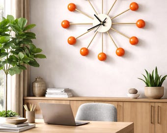 Zegar ścienny w stylu Mid Century Modern Starburst – wzór Atomic Ball, zegar do dekoracji wnętrz