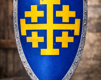 Średniowieczna tarcza rycerska - Stalowa tarcza krzyżowca z jerozolimskim krzyżem - replika LARP Cosplay i dekoracja