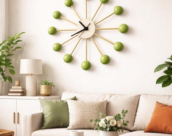 Zegar ścienny w stylu Mid Century Modern – złoty, retro, atomowy zegar mosiężny, replika do wystroju domu