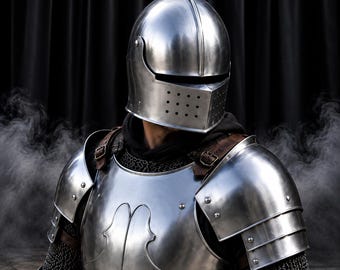 May include: A polished steel knight helmet with a visor featuring a horizontal eye slit and a perforated lower section. The armor set includes a matching steel breastplate with curved detailing, shoulder pauldrons, and chainmail arm protection.