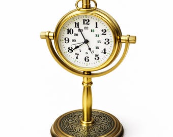 Antyczny mosiężny zegar stołowy z kompasem: dekoracja biurka w stylu vintage, prezent dla kolekcjonera