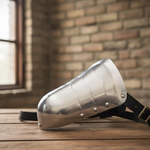May include: A polished silver metal arm guard with riveted details and a black leather strap with a buckle. The medieval-style armor sits on a wooden surface, with a brick wall and window in the background.
