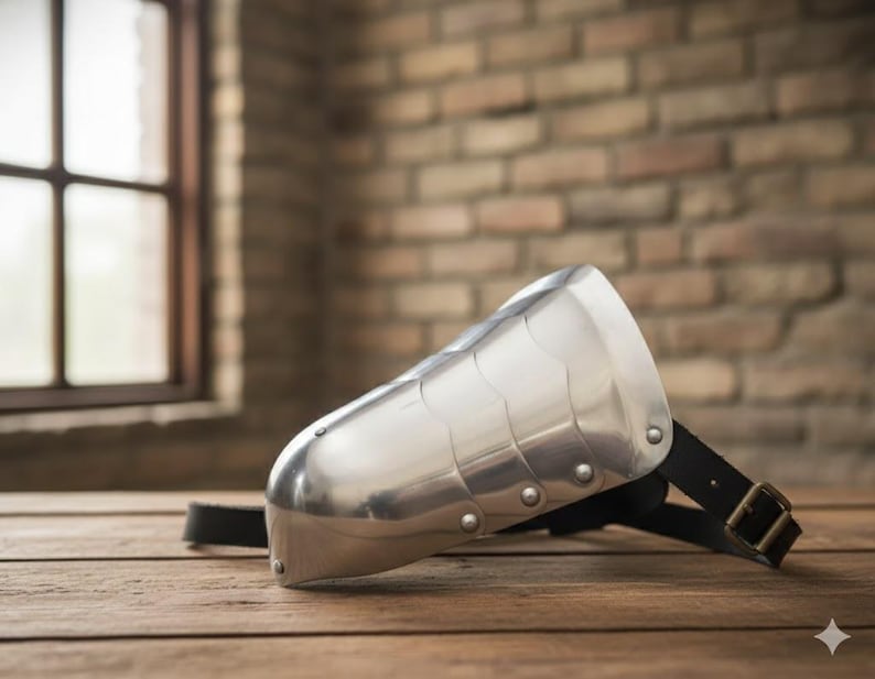 May include: A polished silver metal arm guard with riveted details and a black leather strap with a buckle. The medieval-style armor sits on a wooden surface, with a brick wall and window in the background.