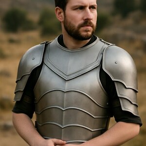May include: A silver-colored metal chest armor with shoulder guards. The armor has a layered design and is worn over a black shirt. The image is set against a blurred outdoor background.