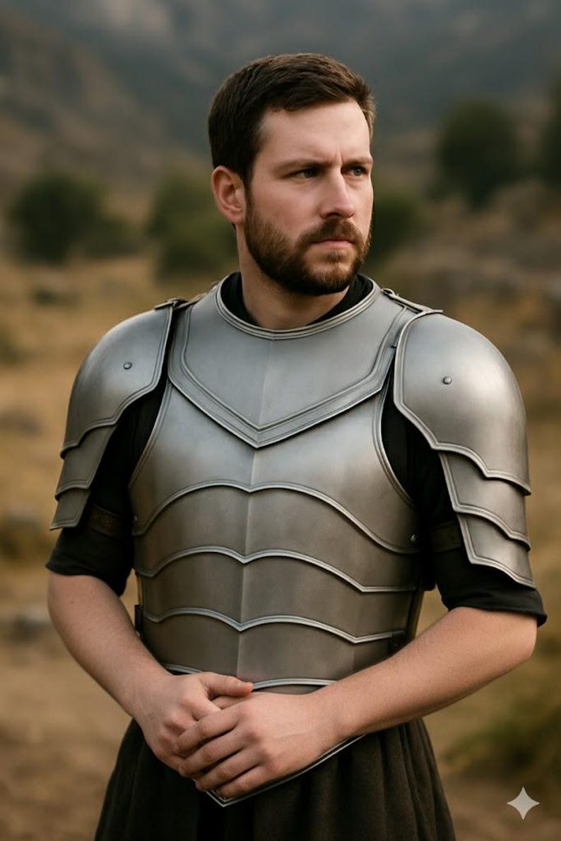 May include: A silver-colored metal chest armor with shoulder guards. The armor has a layered design and is worn over a black shirt. The image is set against a blurred outdoor background.